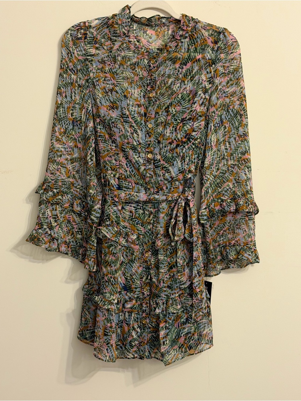 Donna Morgan Green Multi-Print Ruffle Long-Sleeve Mini Dress - Picture 3 of 4